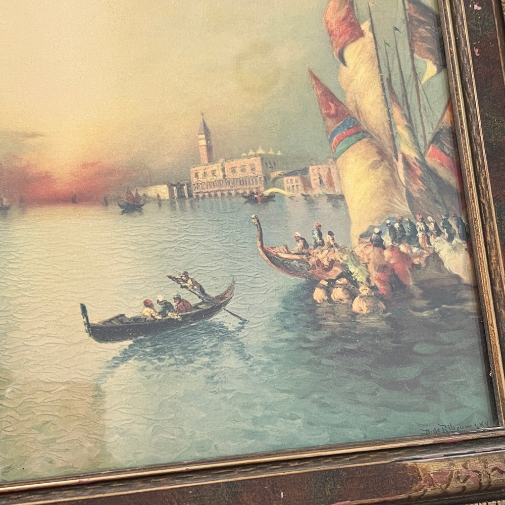 Framed Venetian Harbor Sailboat Painting in Teal and Gold - Picture 2 of 12